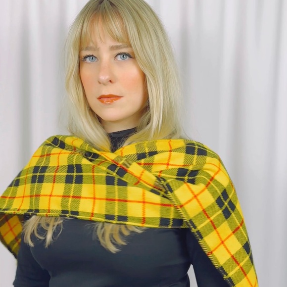 Vintage Cher from Clueless Yellow + Black + Red Wool Plaid Knit Long Scarf with - Picture 5 of 7